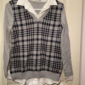 Tommy Hilfiger Gray and Black Plaid V-Neck Top